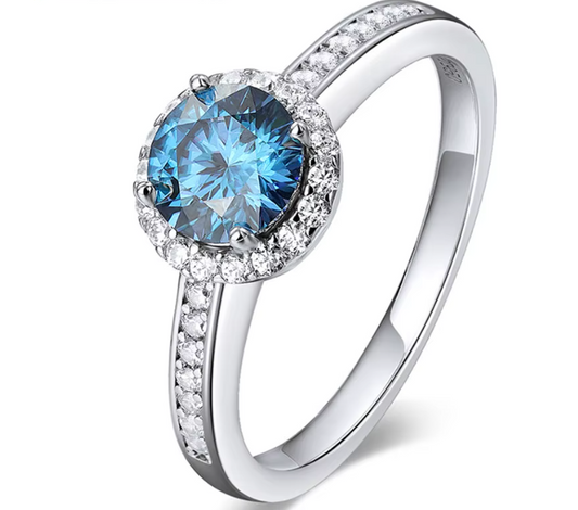 1 Carat Blue Moissanite Halo Ring