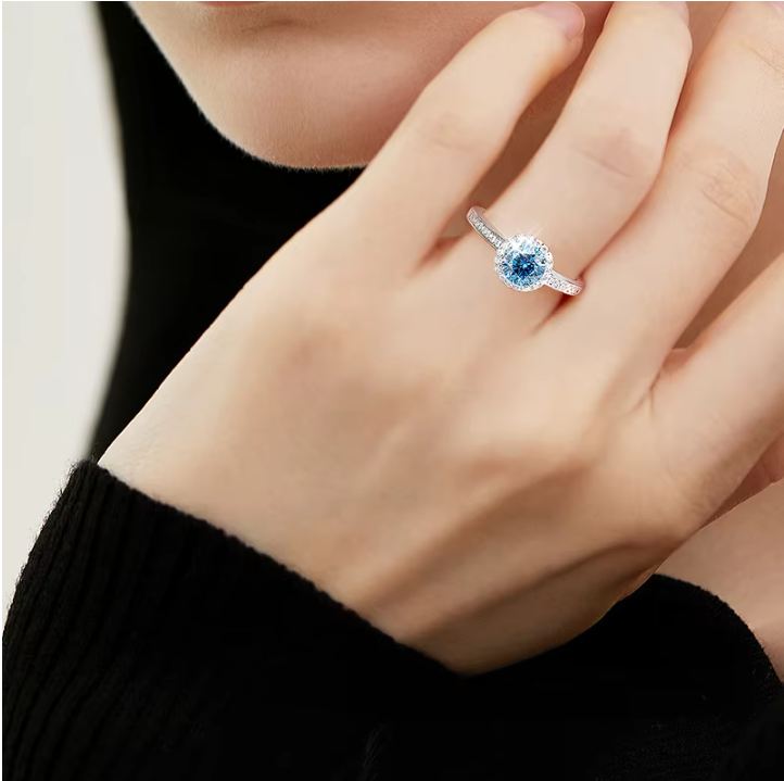 1 Carat Blue Moissanite Halo Ring