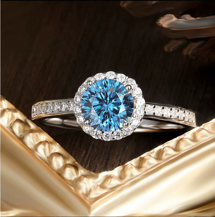 1 Carat Blue Moissanite Halo Ring