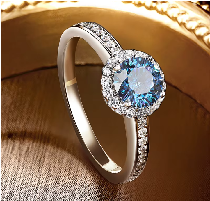 1 Carat Blue Moissanite Halo Ring