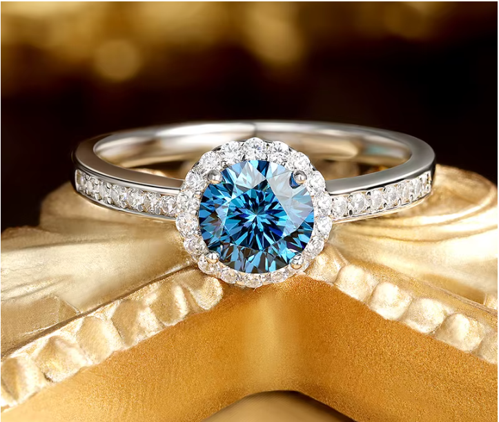 1 Carat Blue Moissanite Halo Ring